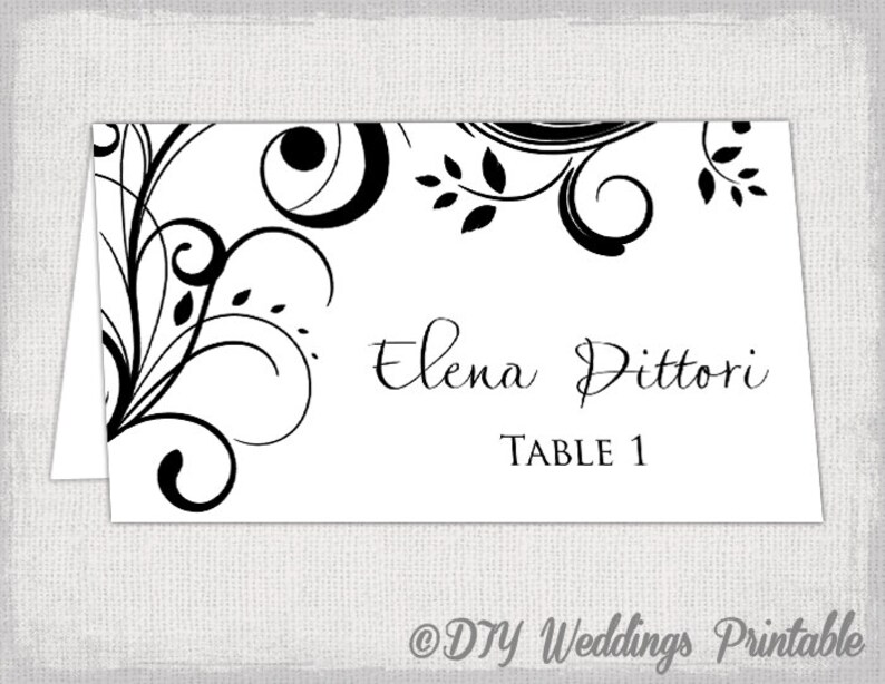 Name Card Template Black Scroll Place Cards Diy Etsy