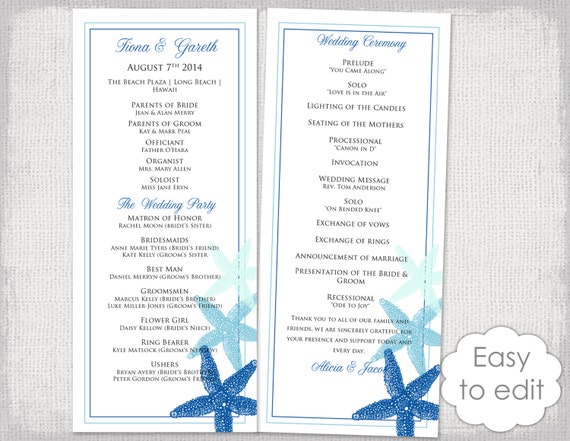 Beach Wedding Programs Template Blue Starfish Etsy