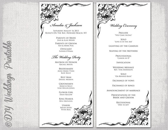 wedding program template black white wedding program black etsy