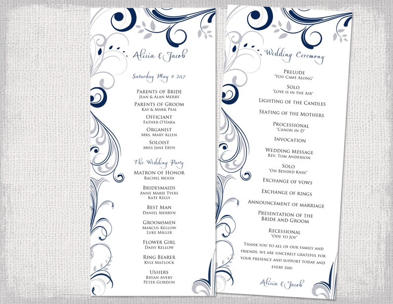 Wedding Program Template Download Silver Gray Navy Etsy