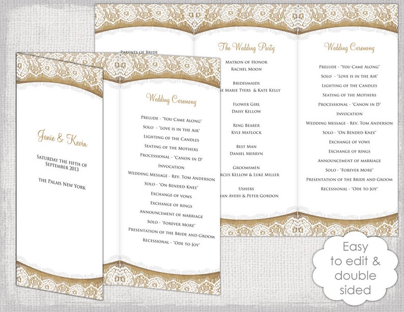 Rustic Wedding Program Template Burlap Lace Diy Etsy