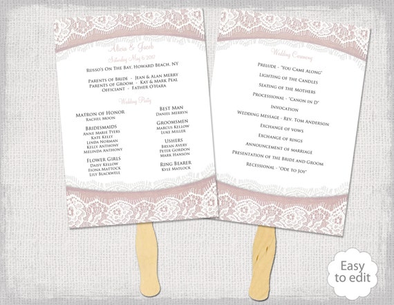 Wedding Fans Template Rustic Burlap Lace Blush Etsy