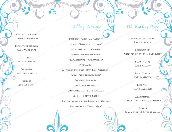 printable wedding program template trifold malibu blue wedding program template trifold