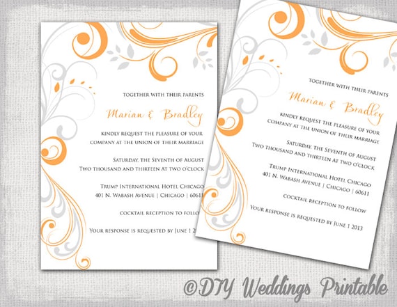 printable wedding invitation templates orange and silver gray etsy