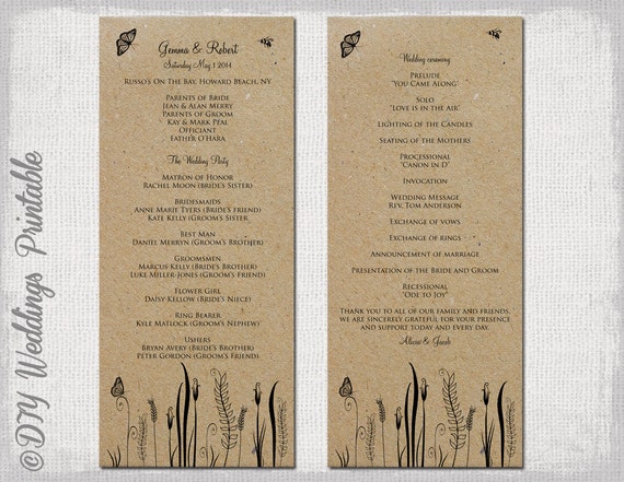 rustic wedding program template butterfly meadow etsy