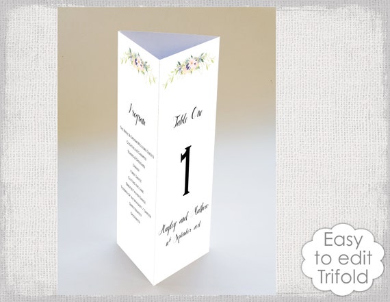 trifold wedding table card template eden flower etsy