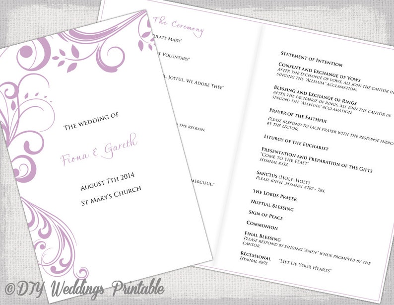 Catholic Wedding Program Template Lilac Scroll Diy Etsy