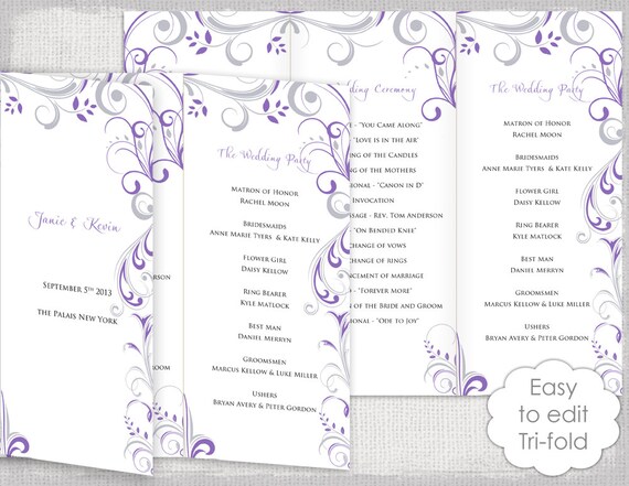trifold wedding program template wisteria and silver etsy