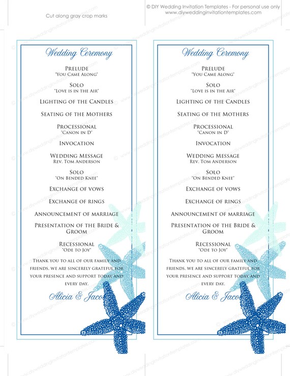 Beach Wedding Programs Template Blue Starfish Etsy