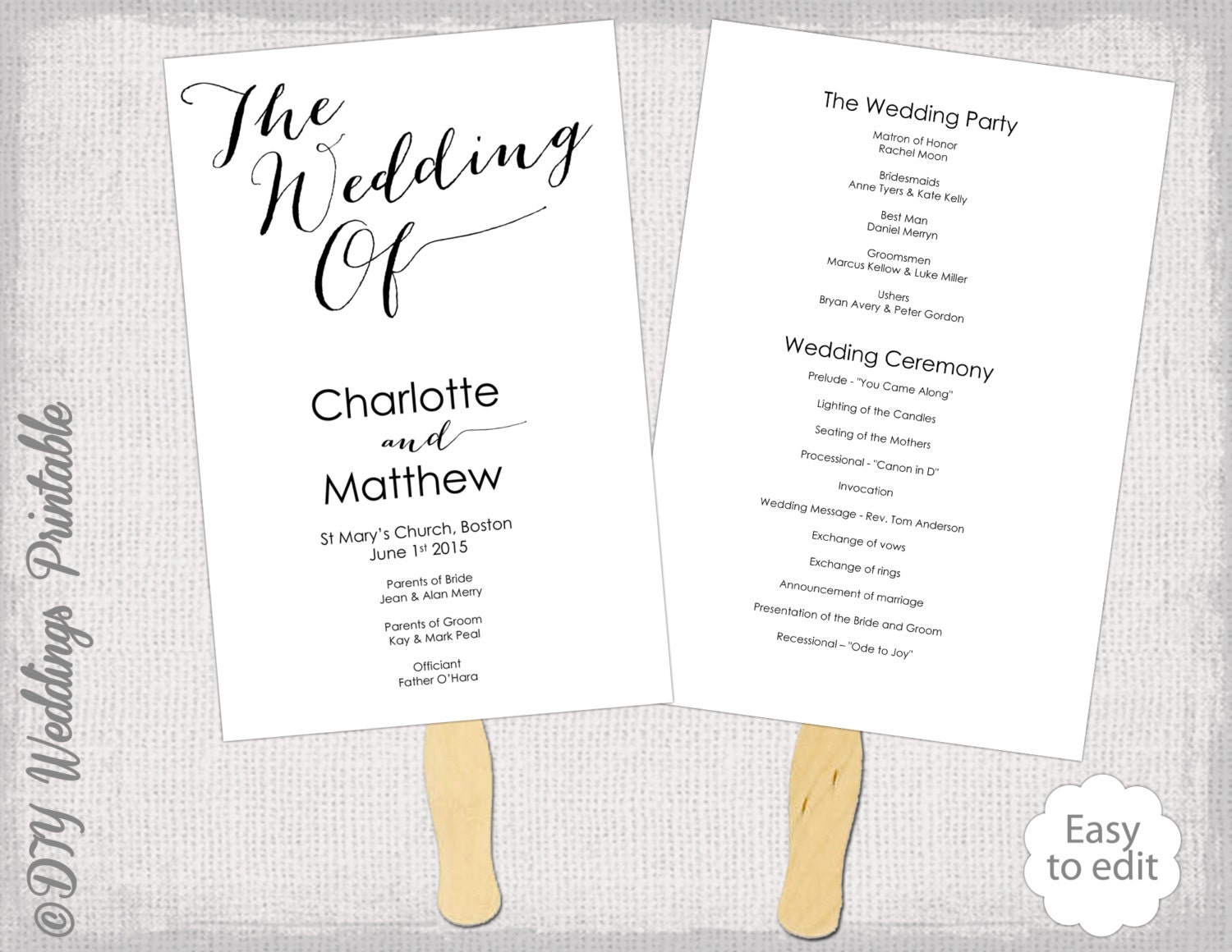 Wedding Program Fan Template Diy Order Of Ceremony Printable Etsy