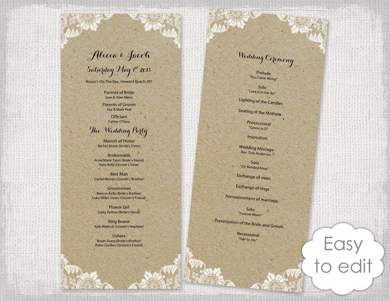 Rustic Wedding Program Template Antique Lace Kraft Etsy