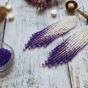 White Violet Earrings, Ombre Earrings, Long Beaded Earrings, Seed Bead Earrings, Handmade Earrings, Gift For Her, Lavender Earrings,