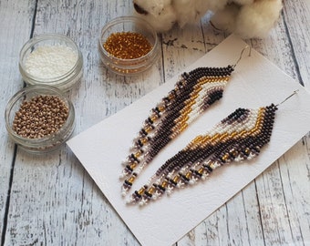 Feather Shaped Earrings, White Brown Seed Bead Earrings, Dangle Earrings, Handmade Accessories, Long Beaded Earrings