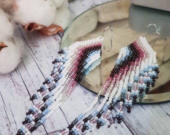 Feather Shaped Earrings, White Pink Hand Beaded Earrings, Dangle Earrings, Tassel Earrings, Long Beaded Earrings, Sead Bead Earrings