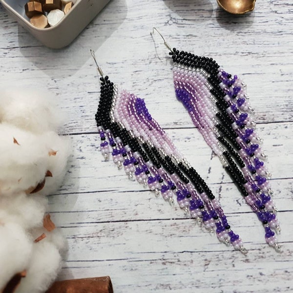 Feather Shaped Earrings, Black Purple Sead Bead Earrings, Dangle Earrings, Beads Earrings, Long Beaded Earrings