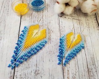 Ukrainian flag earrings, yellow and blue earrings, Beaded Earrings, Stand with Ukraine, Feather Shaped Earrings, Long Tassel Earrings