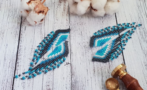Feather Shaped Earrings, Blue Jay Bird Colors. Long Sead Bead Earrings, Beaded Earrings, Hand Beaded Jewelry, Wedding Jewellery