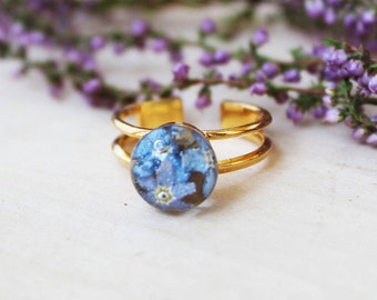 Forget-me-not ring Real flower ring Botanical ring Terrarium ring Blue foget-me-not Resin jewelry Gold plated ring Pressed Blue flowers ring