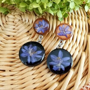 Real flower Wood Earrings, Terrarium Jewelry Flower Purple earrings Unique Wooden Earrings, Nature Earrings for Women Dangle Earrings