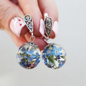 Real forget-me-not earrings Silver Forgetmenots earrings Blue Forgetmenot Terrarium earrings forget me not jewelry Woodland earrings resin