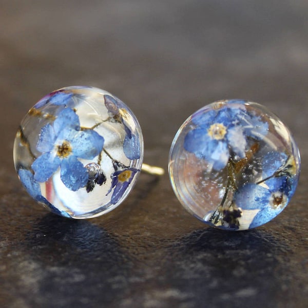 Sterling silver Forget-me-not earrings Forget-me-not studs Botanical studs Forget me not jewelry Silver flower studs Resin jewelry