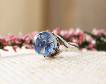 Hydrangea ring Terrarium ring Real flower ring Eco ring Blue Pressed flower ring Blue hydrangea jewelry Sterling silver Resin jewelry