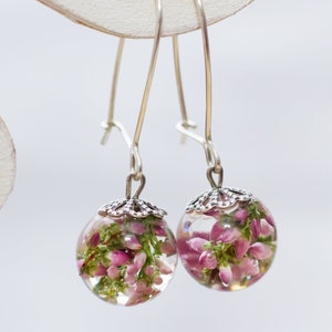 Heather Flower Dangle Earrings Sterling Silver 925 Botanical Dangle Earrings with Real Flower Heather Round Earrings Christmas earrings
