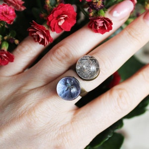 Flower ball ring, Resin Jewelry, Double ring, Blue White Flower, Terrarium ring Pressed flower ring Dried flower jewelry Real flower jewelry