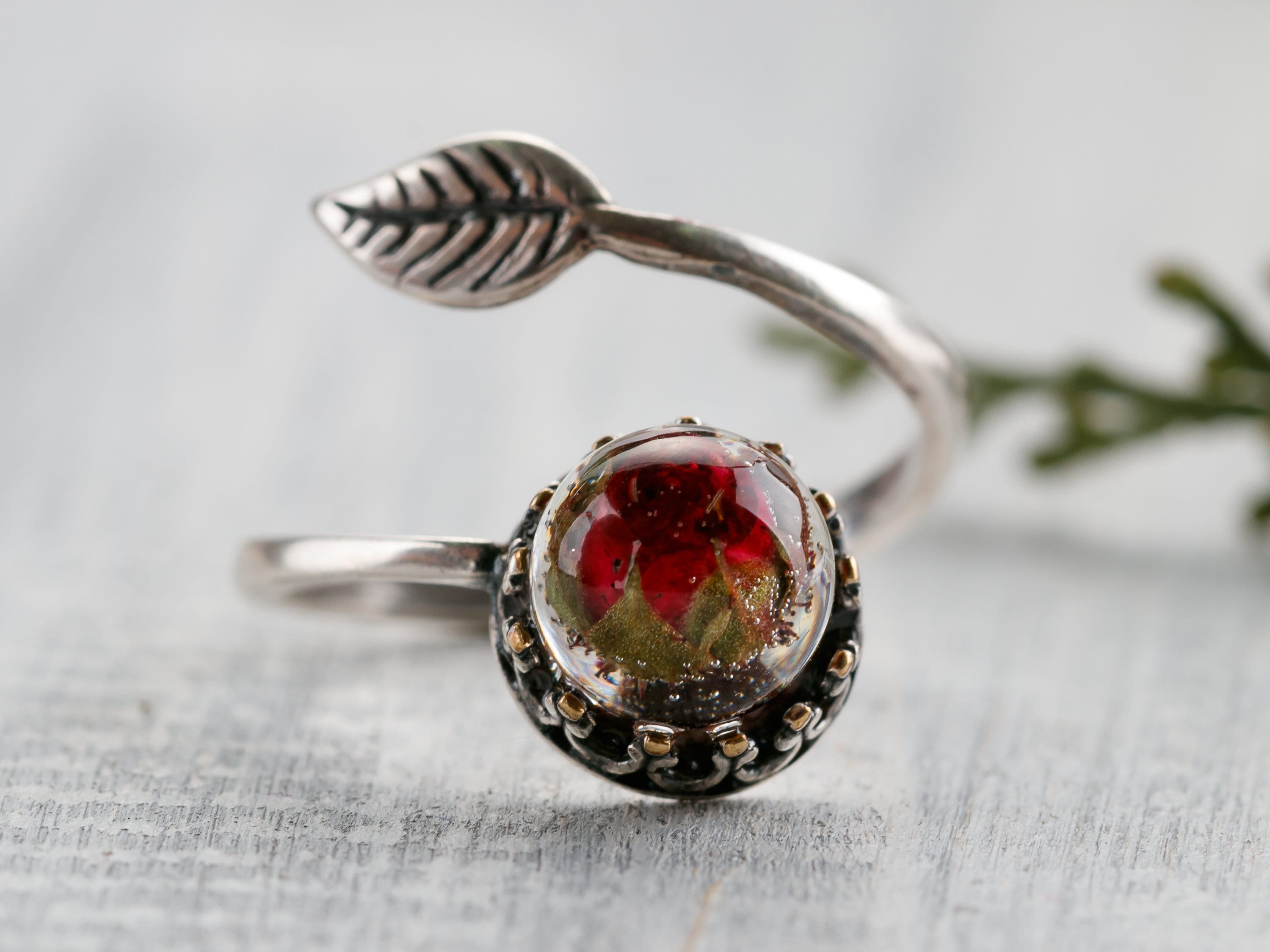 Silver Ring with real red rose, Nature inspired ring Resin Ring Terrarium Ring Mini terrarium Forever roses Adjustable band ring Plant ring