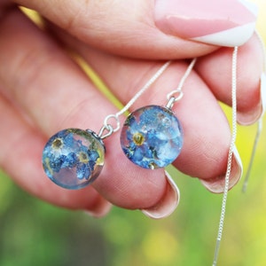 Sterling No me olvides pendientes Joyería de flores reales Pendientes para niñas No me olvides en pendientes de terrario de resina Joyería de plata Forgetmenot