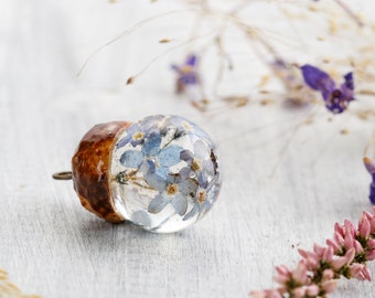 Acorn necklace Forget me not Live plant necklace Blue flower pendant Acorn jewelry Real flower jewelry Forget me not jewelry Terrarium