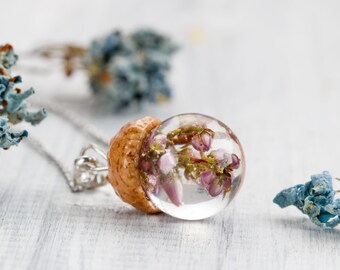 Acorn Heather necklace Dried flower necklace Heather pendant Real flower necklace Acorn jewelry Real flower jewelry resin jewelry heather