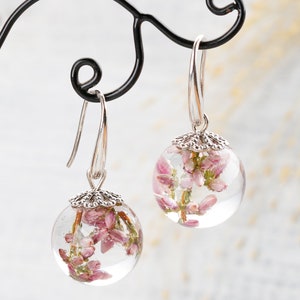 Real Heather earrings Sterling earrings Real Flower earrings Pink Heather jewelry Resin jewelry Terrarium earrings Mother's sister gift