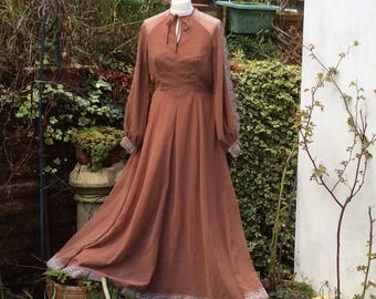 Vintage 70s After Six by Ronald Joyce, S/M ladies light chocolate brown dress.