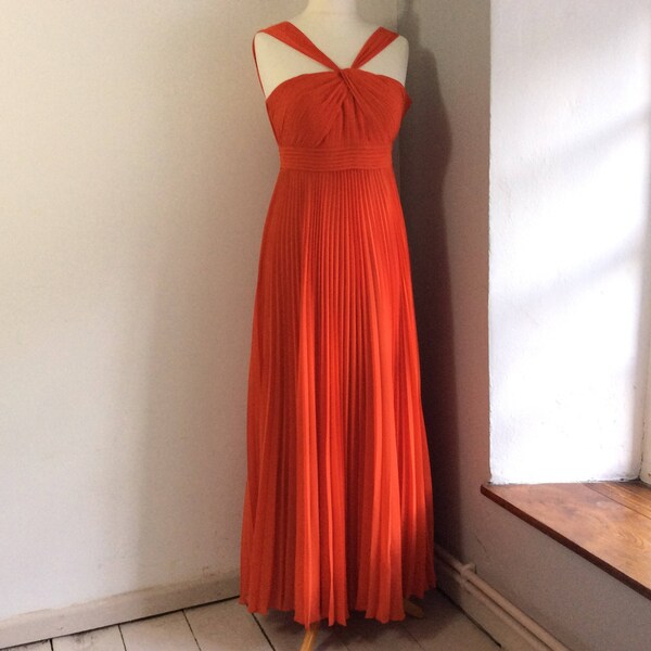 Vintage UK12 US8 EU40 flaming orange evening gown, all round pleat georgette gown.
