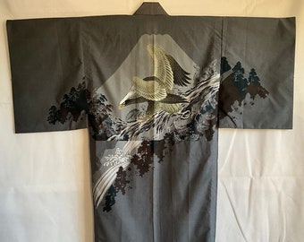 Vintage Japanese juban kimono, grey with eagle design back, mans juban kimono.