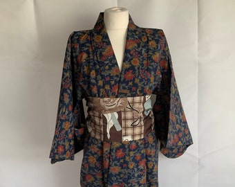 Vintage Japanese kimono, mid 20th century, blue & floral,  Free size.