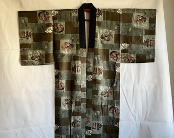 Vintage printed-silk kimono, man’s silk and silk lined kimono, olive green khaki print