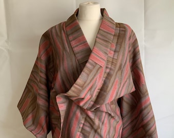 Vintage Japanese kimono, mid 20th century, pink, brown, metallic thread, S/M