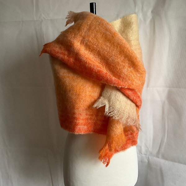 Vintage apricot to tangerine  mohair stole, oversized mohair scarf, St. Michael, made in Scotland.