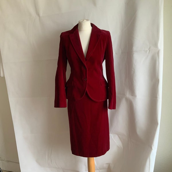 60s/70s Maurice Henri velvet suit UK 8, red cotton velvet suit.