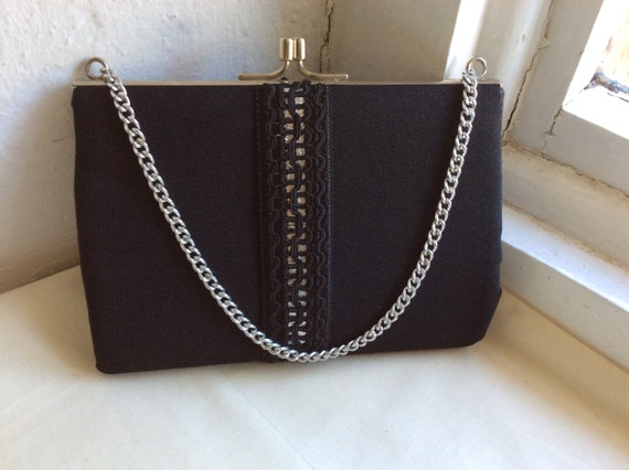 Vintage  evening purse,black faille with silver t… - image 8