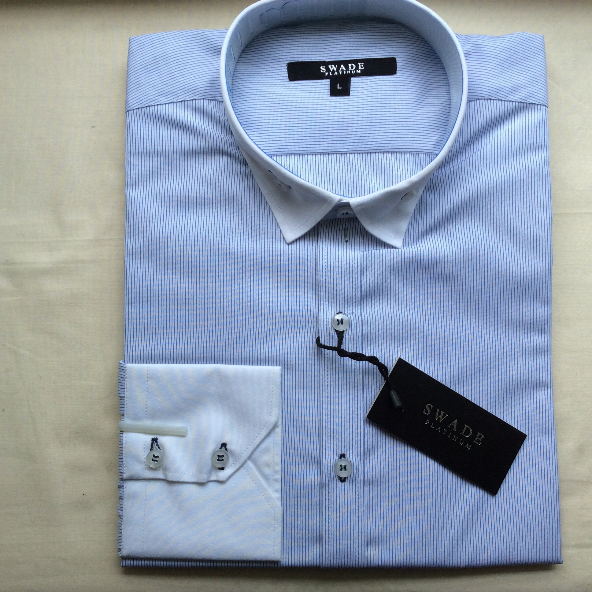 Image of Vintage Swade 60S Deadstock Shirt 15.5 39.5 cm Collar, Navy Pin Stripe & White Fabric, Slim Fit