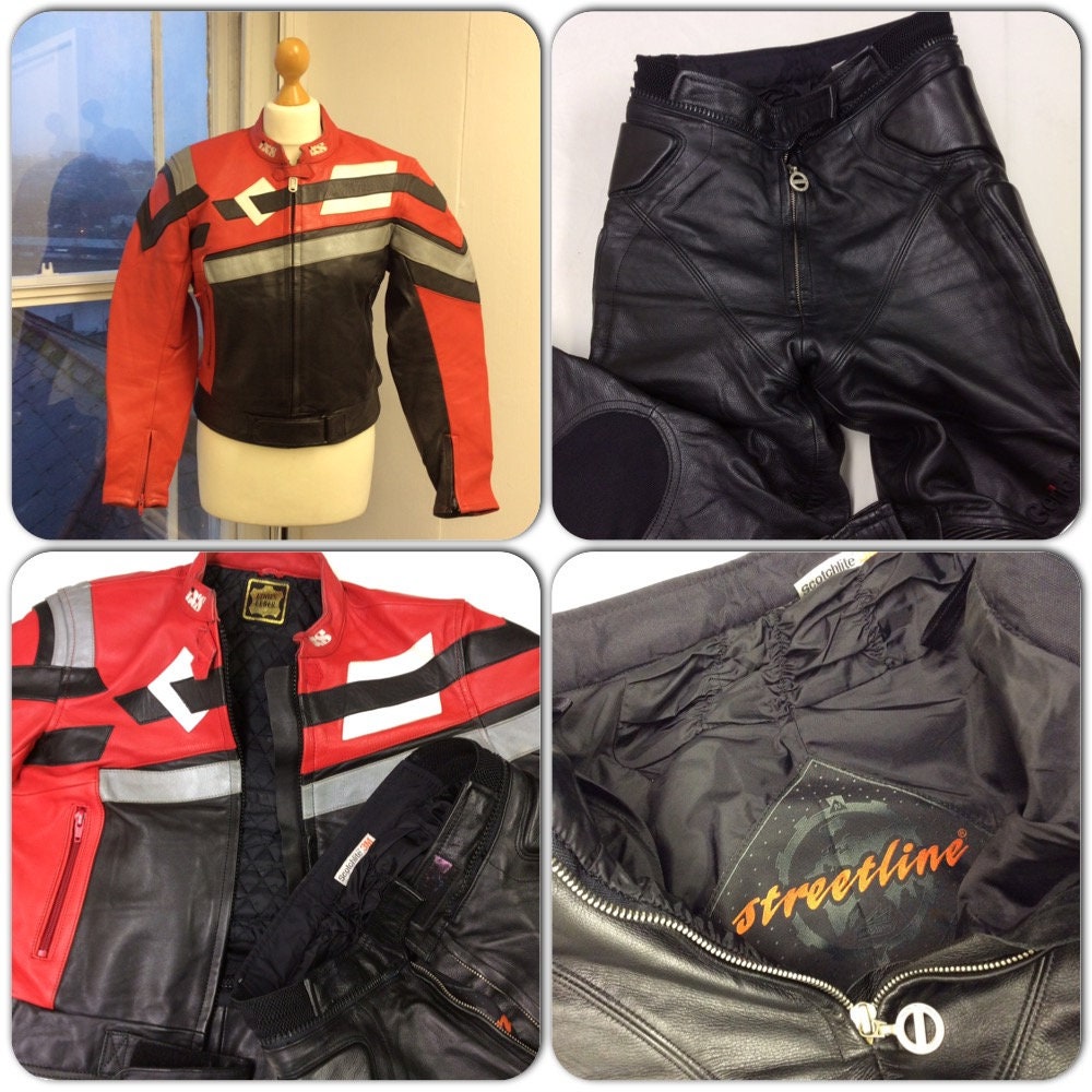 Image of Vintage S Black Red Leather Biker Suit, 34/36 Ins Chest, Waist 28Ins, Small Leathers