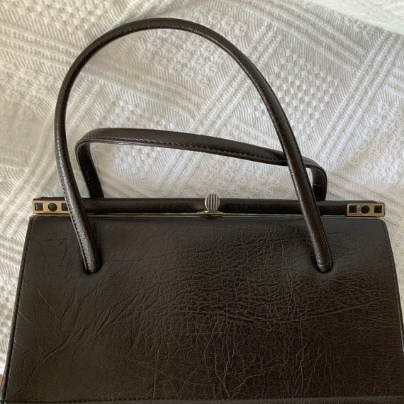 Vintage 60s brown faux leather handbag,Frame hand… - image 5