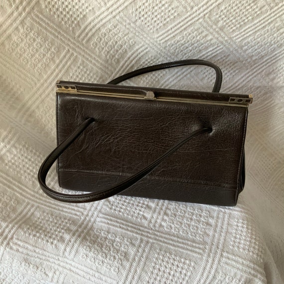 Vintage 60s brown faux leather handbag,Frame hand… - image 3