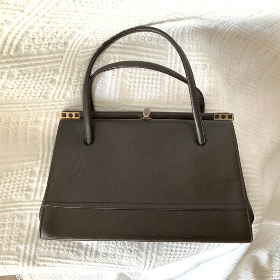 Vintage 60s brown faux leather handbag,Frame hand… - image 1