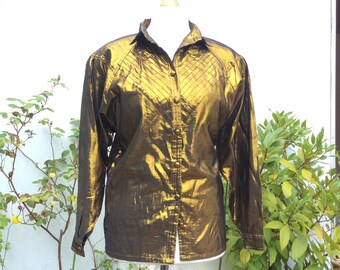 Vintage 1980s gold lurex Honey shirt, Deadstock, M, padded shoulders.