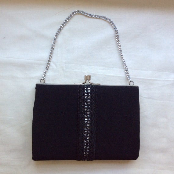 Vintage  evening purse,black faille with silver t… - image 1