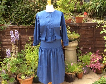 Vintage UK 14  US 10 EU 42 dress, Pioneer style blue cotton poplin.